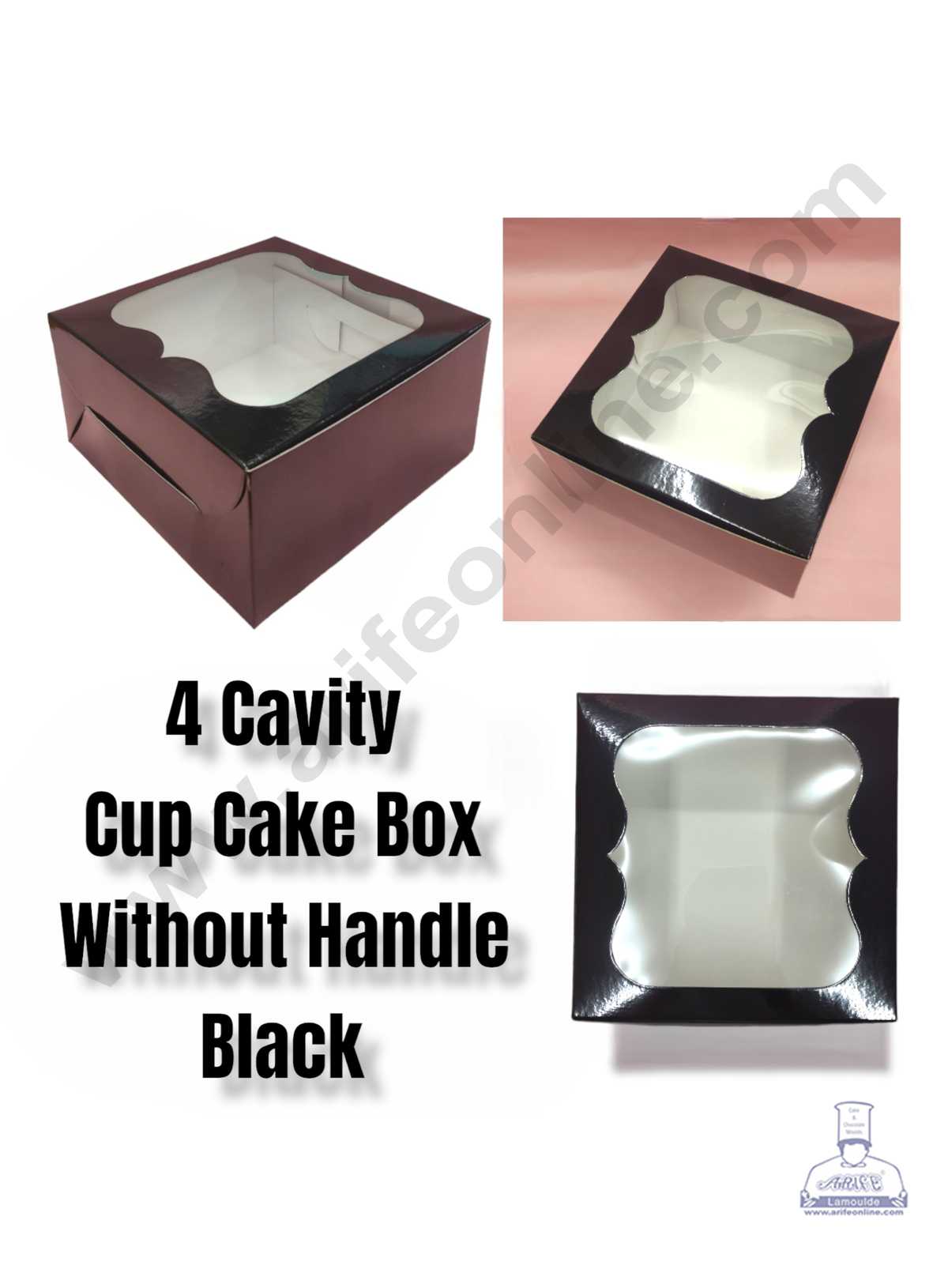CAKE DECORβ’ 4 Cavity Cupcake Black Boxes Clear Window Without Handle , Cupcake Carrier - Black ( 10 Pc Pack )