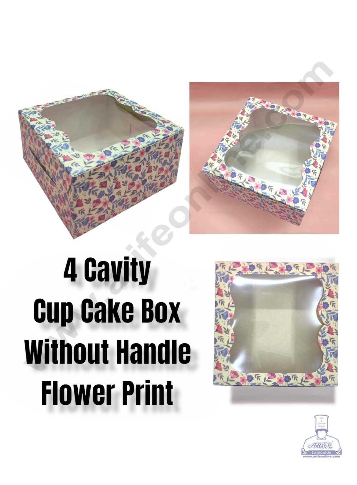 CAKE DECORβ’ 4 Cavity Cupcake Printed Boxes Clear Window Without Handle , Cupcake Carrier - Printed ( 10 Pc Pack )