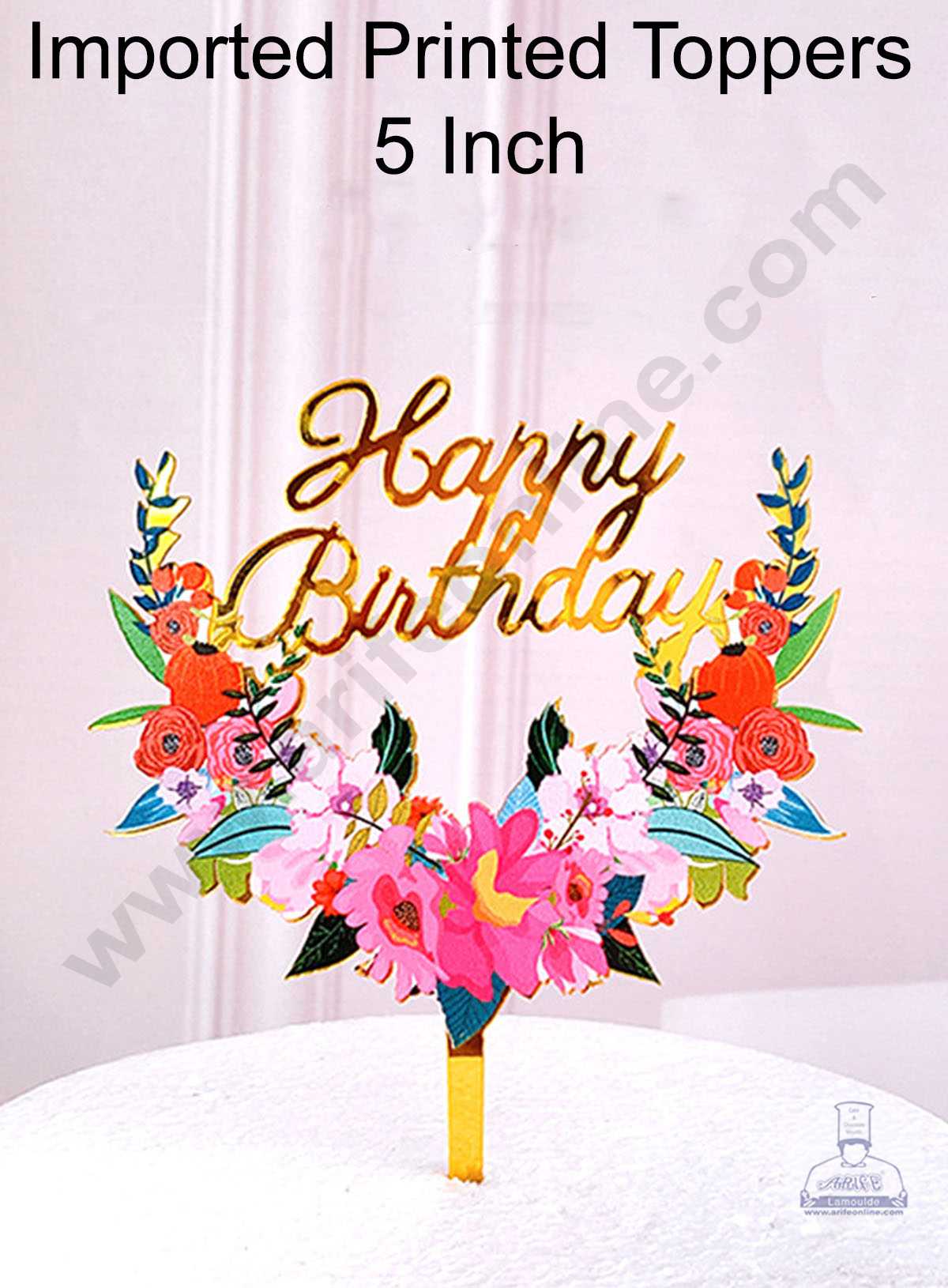 CAKE DECORβ’ 5 Inch Imported Printed Cake and Cupcake Topper - Happy Birthday Floral Theme (SBMT-IMP-012)