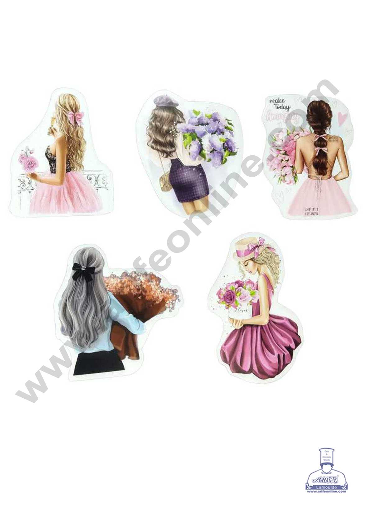 CAKE DECOR™ 5 pcs Lady With Flowers Theme Paper Topper For Cake And Cupcake (SBMT-PT-099)