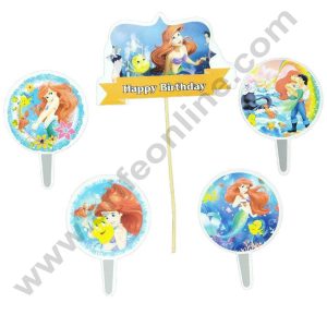CAKE DECOR™ 5 pcs Happy Birthday The Little Mermaid Theme Paper Topper For Cake And Cupcake (SBMT-PT-103)