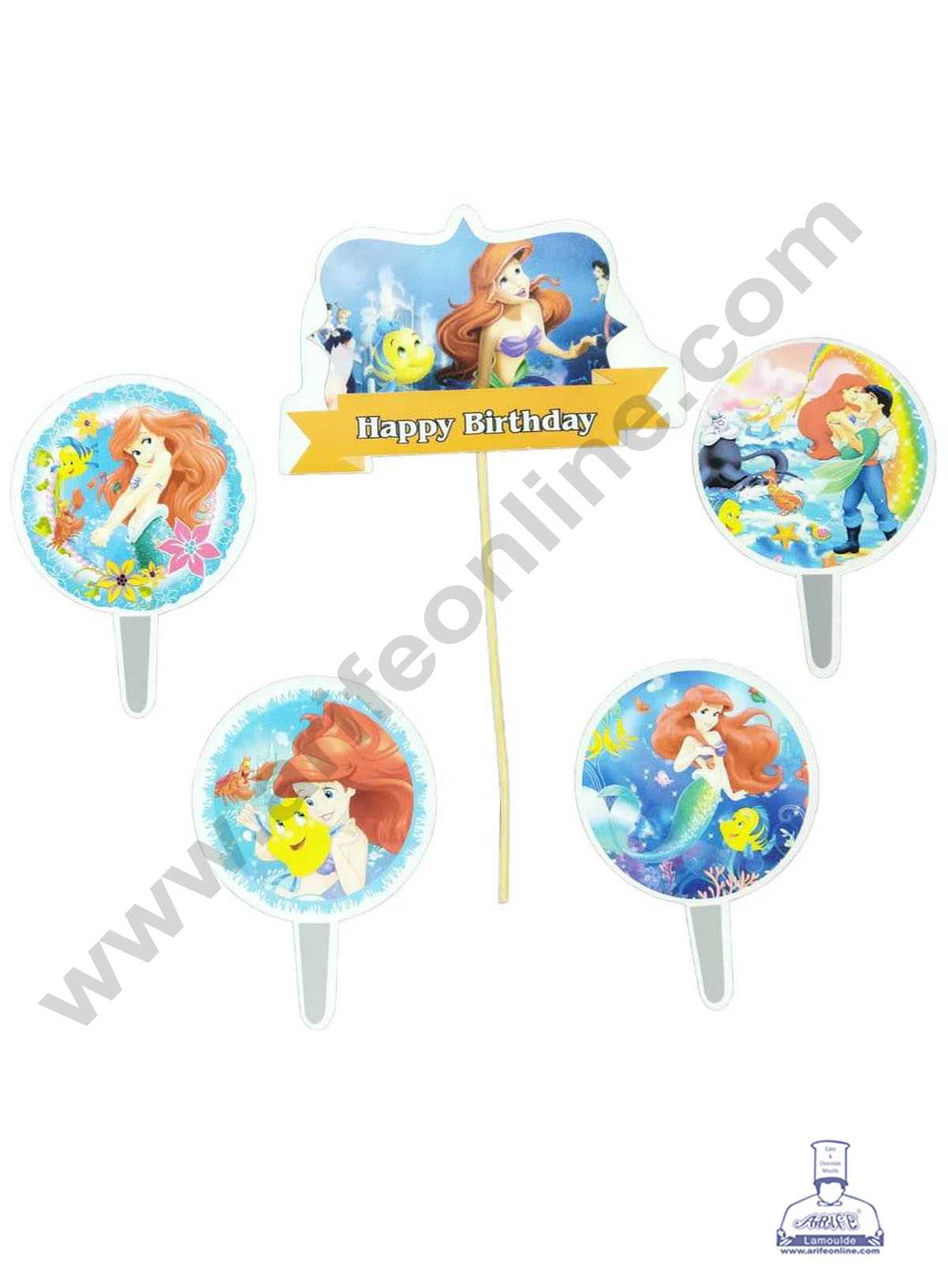 CAKE DECOR™ 5 pcs Happy Birthday The Little Mermaid Theme Paper Topper For Cake And Cupcake (SBMT-PT-103)