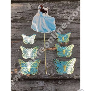 CAKE DECOR™ 7 pcs Blue Lady with Butterfly Theme Paper Topper For Cake And Cupcake SBMT-PT-094