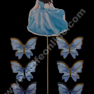 CAKE DECOR™ 7 pcs Blue Lady with Butterfly Theme Paper Topper For Cake And Cupcake SBMT-PT-112