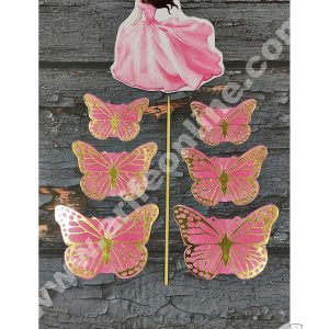 CAKE DECOR™ 7 pcs Pink Lady with Butterfly Theme Paper Topper For Cake And Cupcake SBMT-PT-091