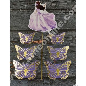 CAKE DECOR™ 7 pcs Purple Lady with Butterfly Theme Paper Topper For Cake And Cupcake SBMT-PT-092
