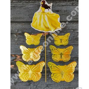 CAKE DECOR™ 7 pcs Yellow Lady with Butterfly Theme Paper Topper For Cake And Cupcake SBMT-PT-090