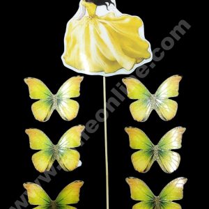 CAKE DECOR™ 7 pcs Yellow Lady with Butterfly Theme Paper Topper For Cake And Cupcake SBMT-PT-115
