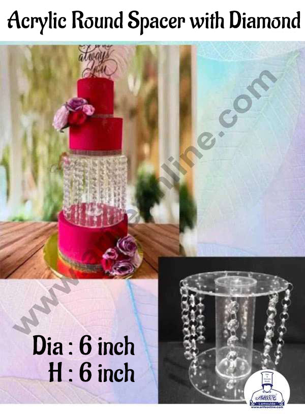 CAKE DECORβ’ Acrylic Round Tier Cake Spacer with Diamond 6 Inch Base & 6 Inch Height (SB-Jhaalar-01)