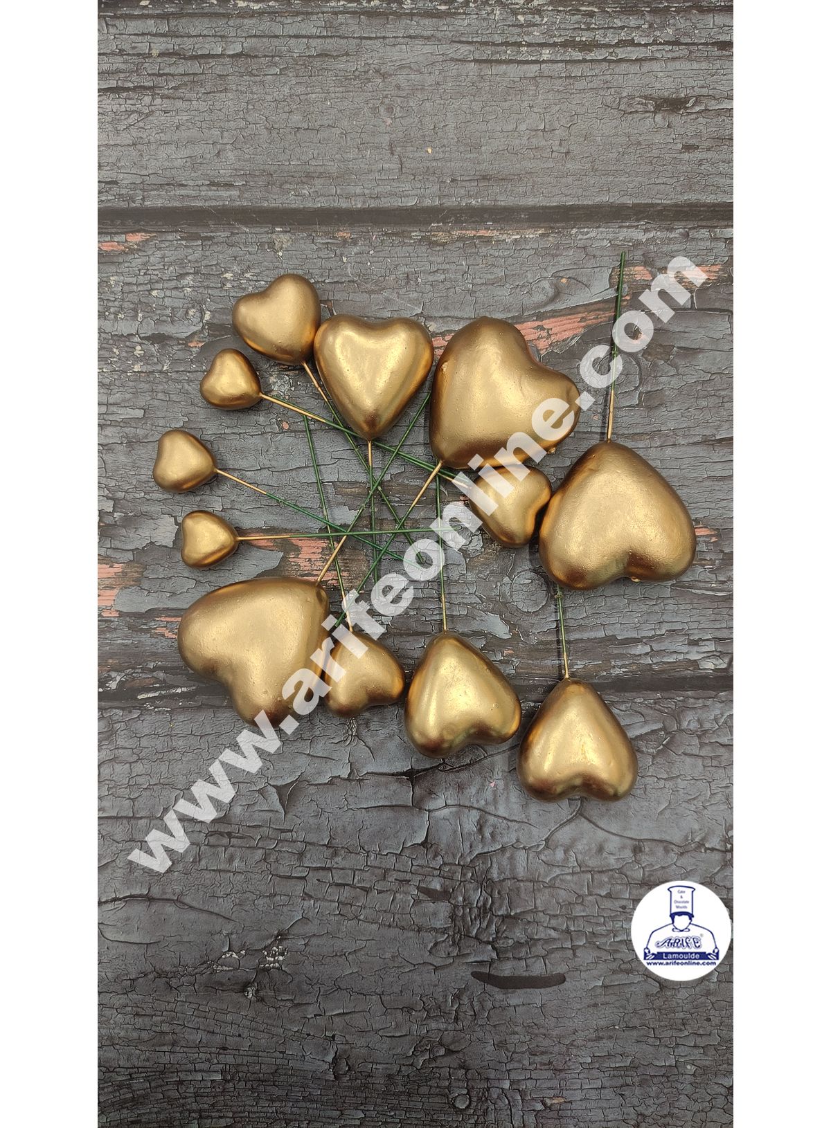 CAKE DECOR™ Golden Faux Heart Topper For Cake and Cupcake Decoration - ( 12 pcs Pack )