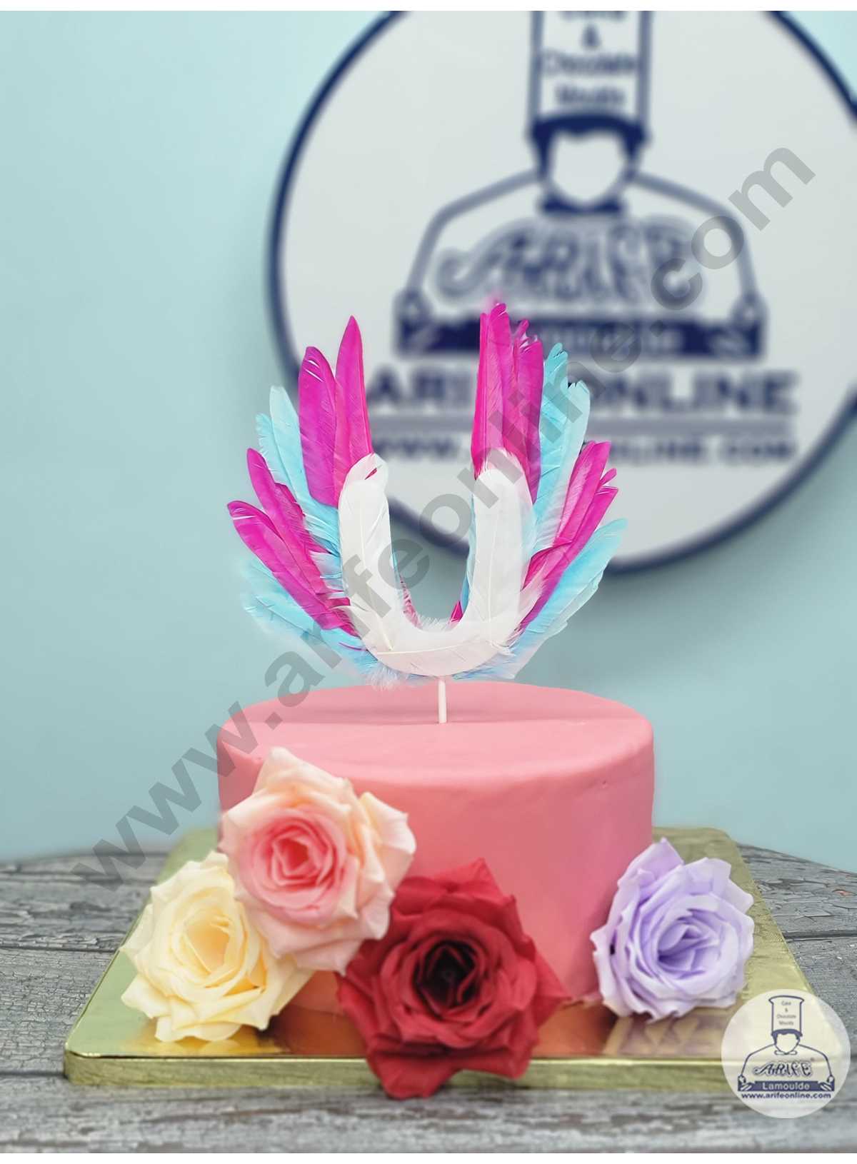 CAKE DECOR™ Multi-Color Wing Feather Topper For Cake Decorations - Pink Blue ( 1 pc Pack )
