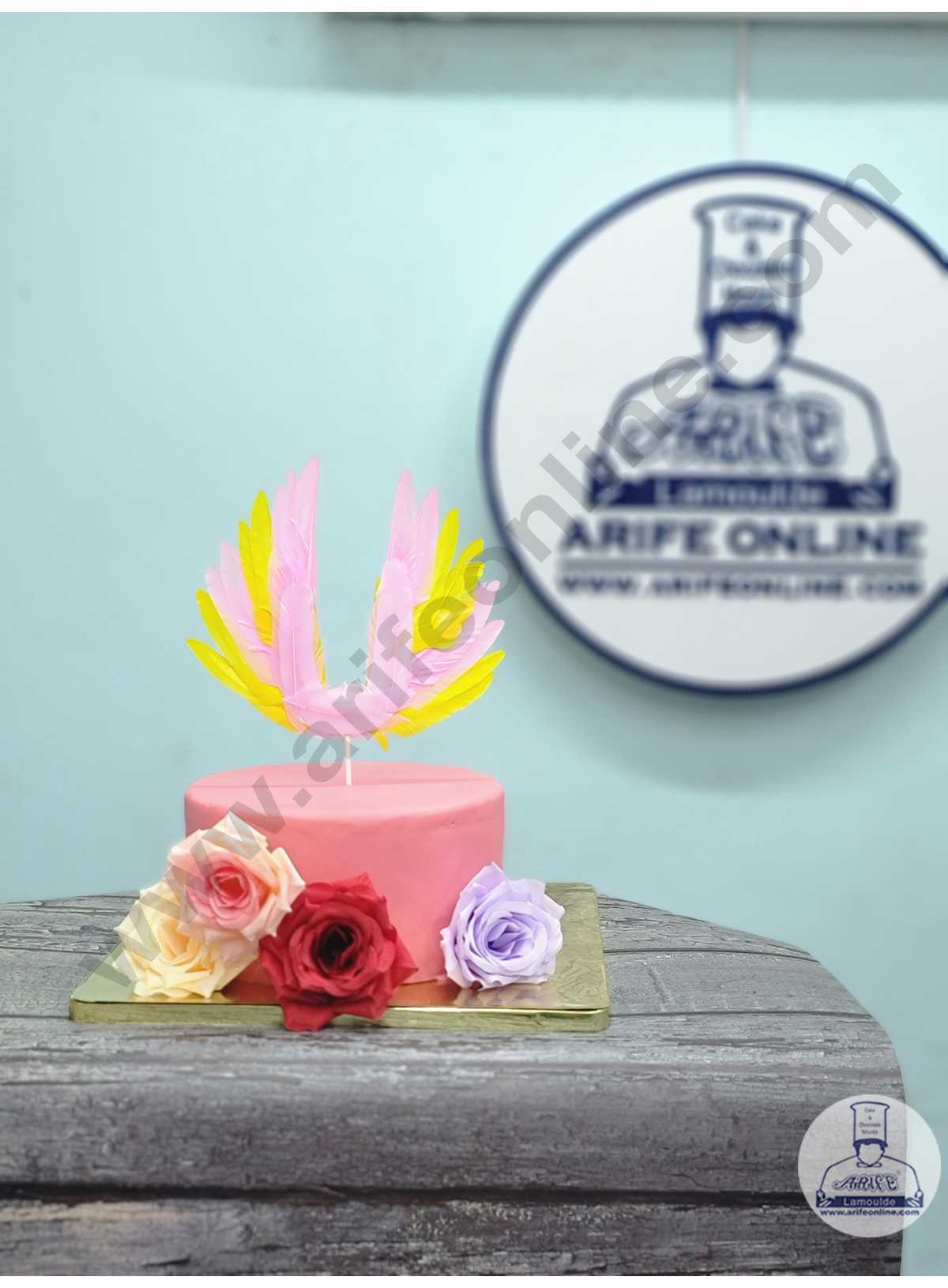 CAKE DECOR™ Multi-Color Wing Feather Topper For Cake Decorations - Pink Yellow ( 1 pc Pack )