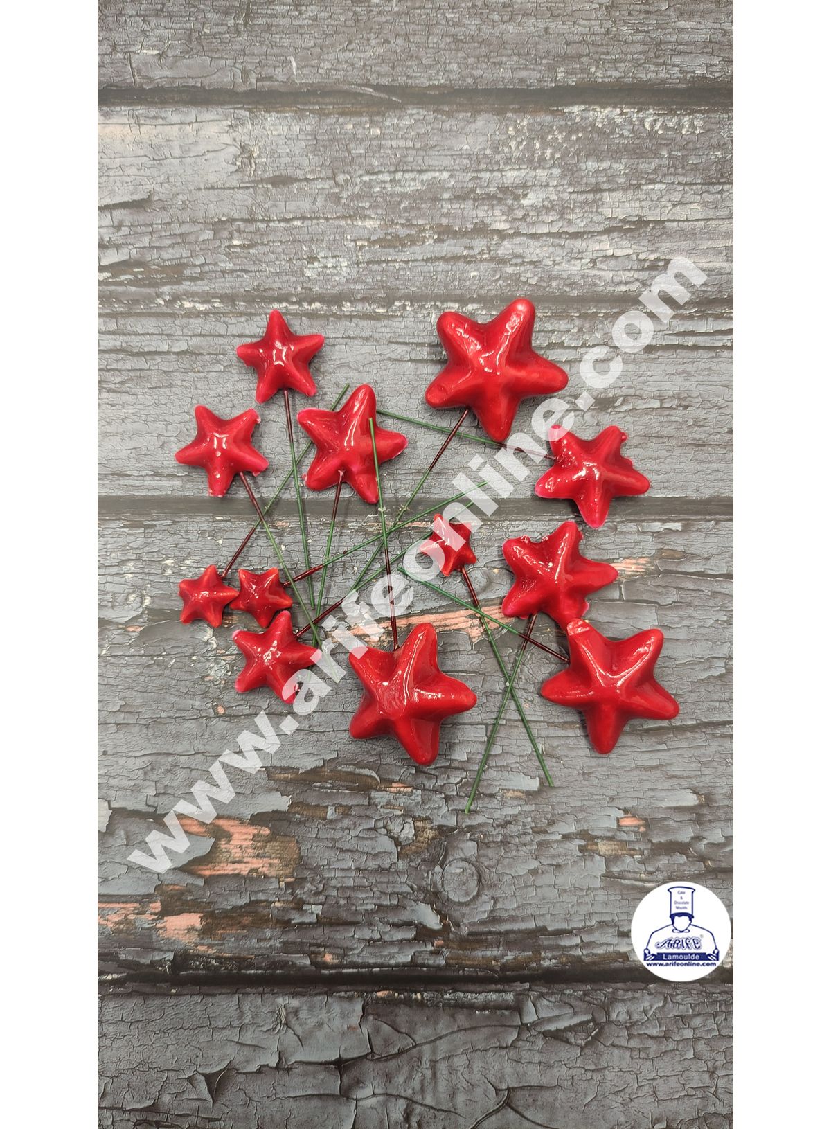 CAKE DECOR™ Red Faux Star Topper For Cake and Cupcake Decoration - ( 12 pcs Pack )