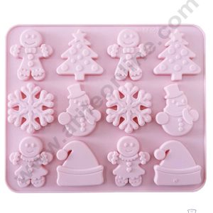 CAKE DECOR™ Silicon 12 Cavity Christmas Tree Ginger Bread man Snowman Snowflakes Santa Cap Silicon Chocolate Mould Muffin Mould - LBM235
