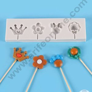 CAKE DECOR™ Silicon 4 Cavity  Crown Flower Hat Shape Silicone Fondant Mold Lollipop Mold Silicon Marzipan Mould SBSP‐DYF6132