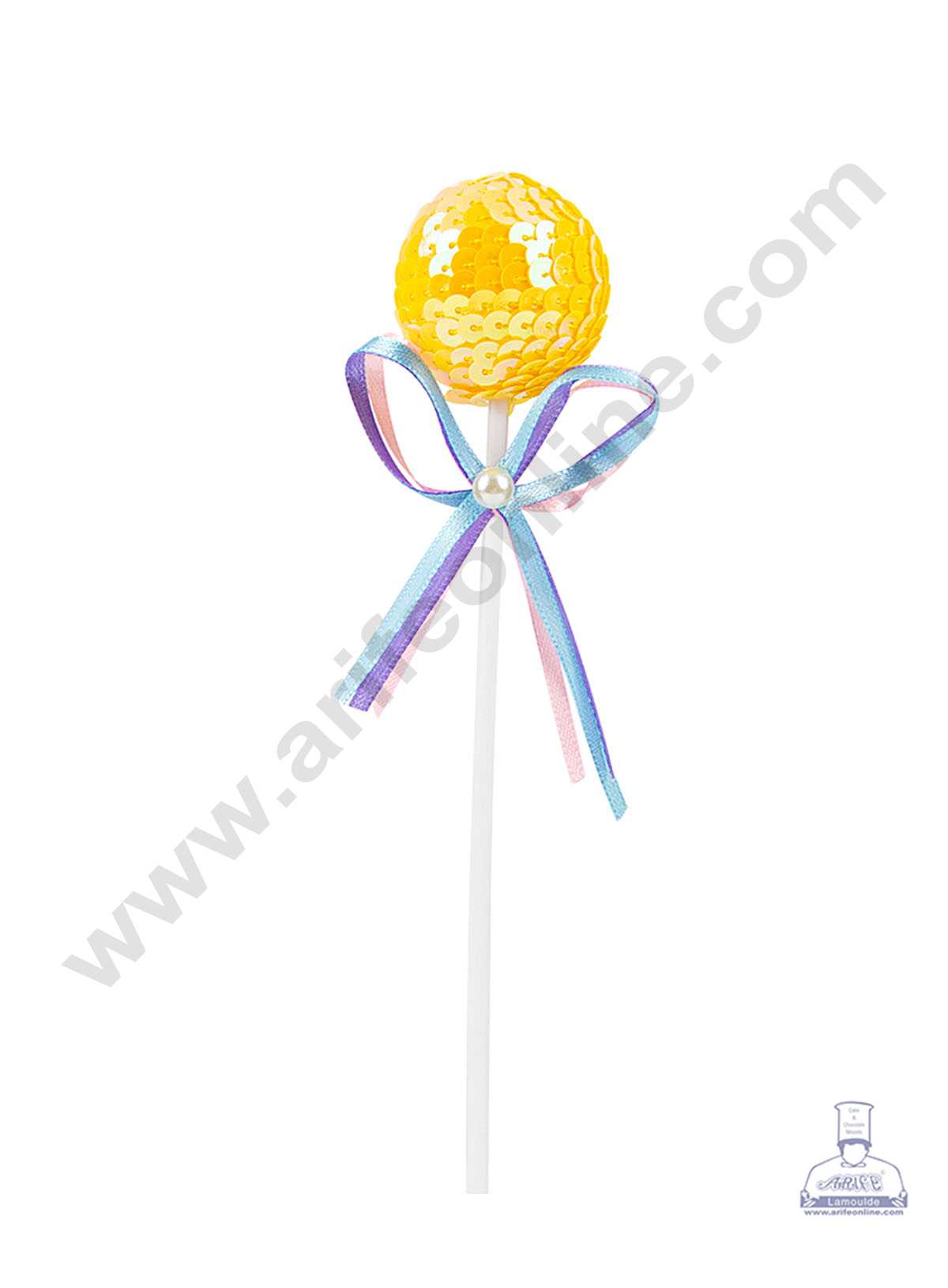 CAKE DECOR™ Yellow Bling Bling Sequence Lollipop Ball Toppers For Cake and Cupcake Decoration