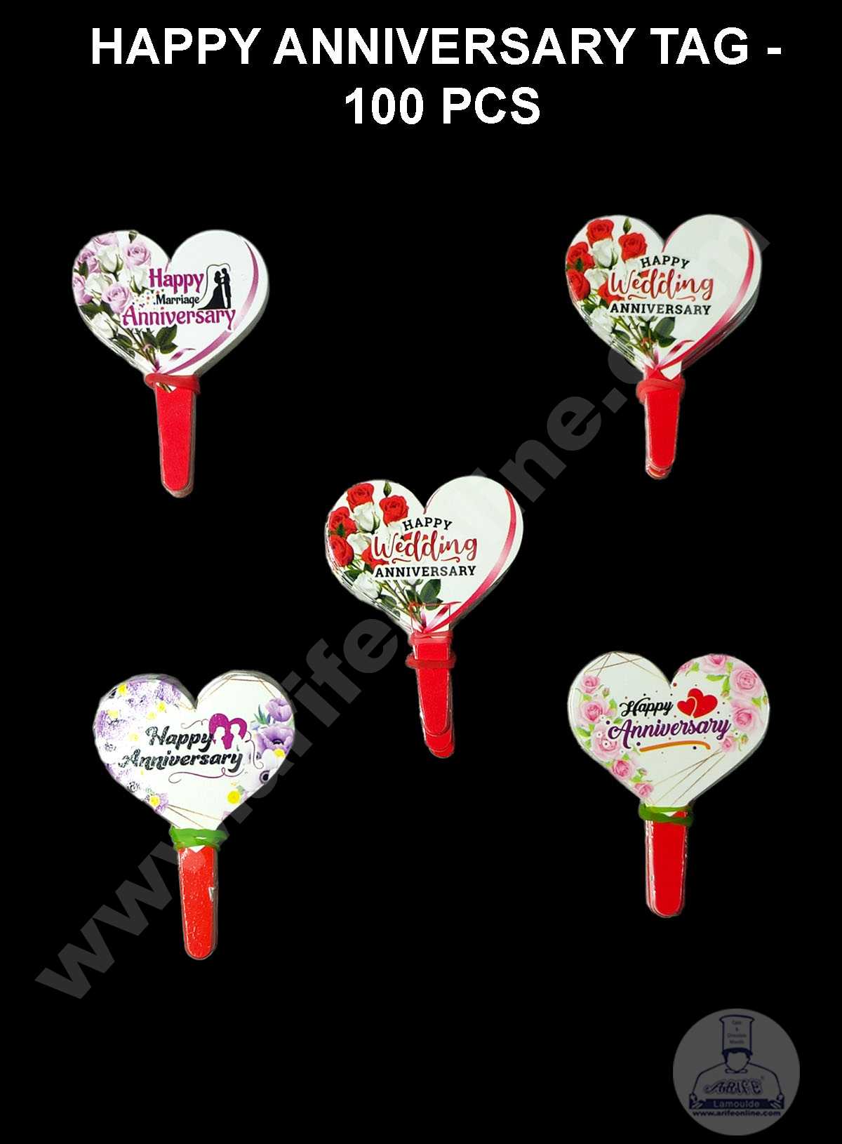 CAKE DECOR™ 100 pcs Happy Anniversary Tag Heart Designs Paper Topper For Cake And Cupcake