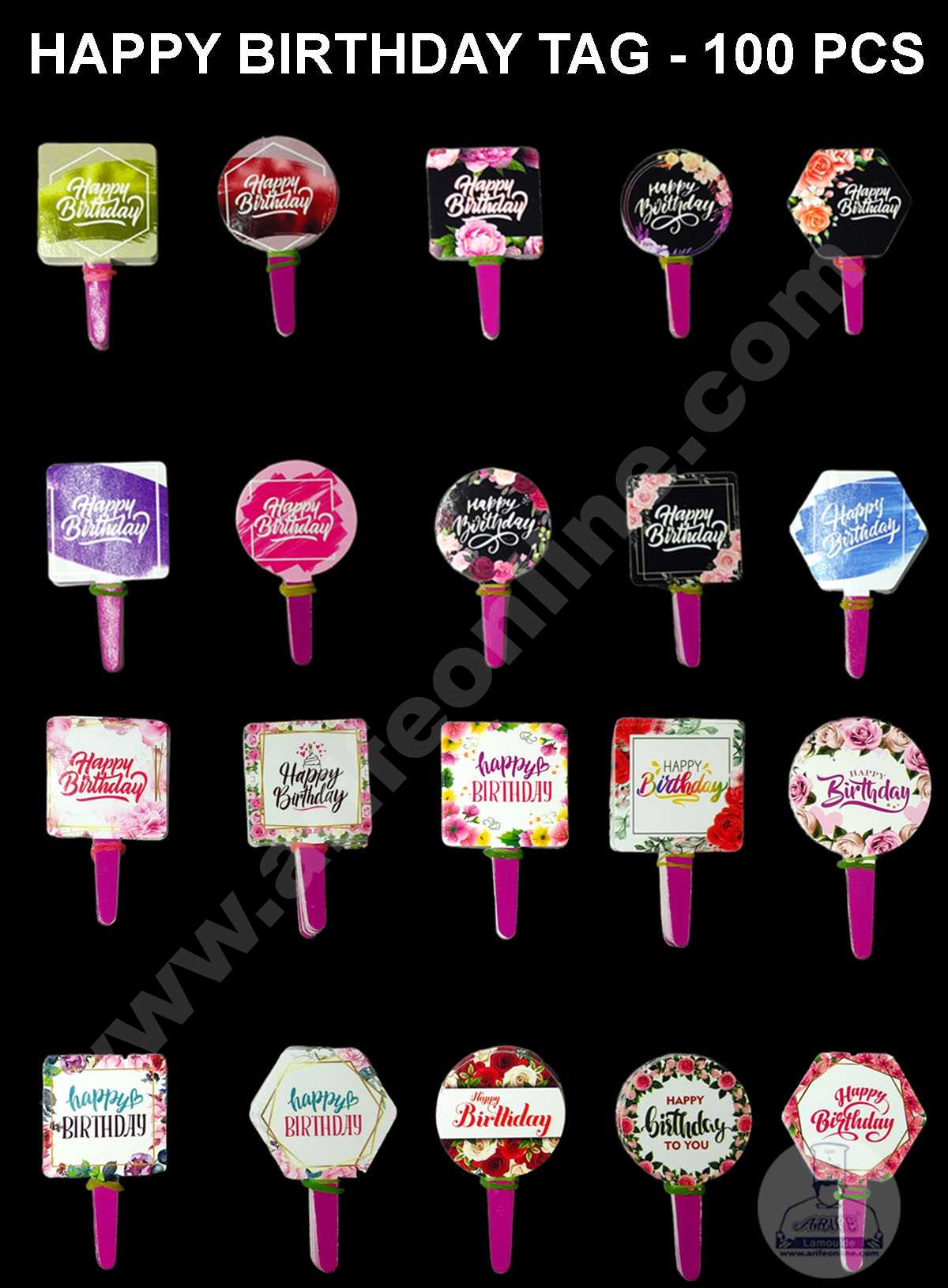 CAKE DECOR™ 100 pcs Happy Birthday Tag Mix Designs Paper Topper For Cake And Cupcake
