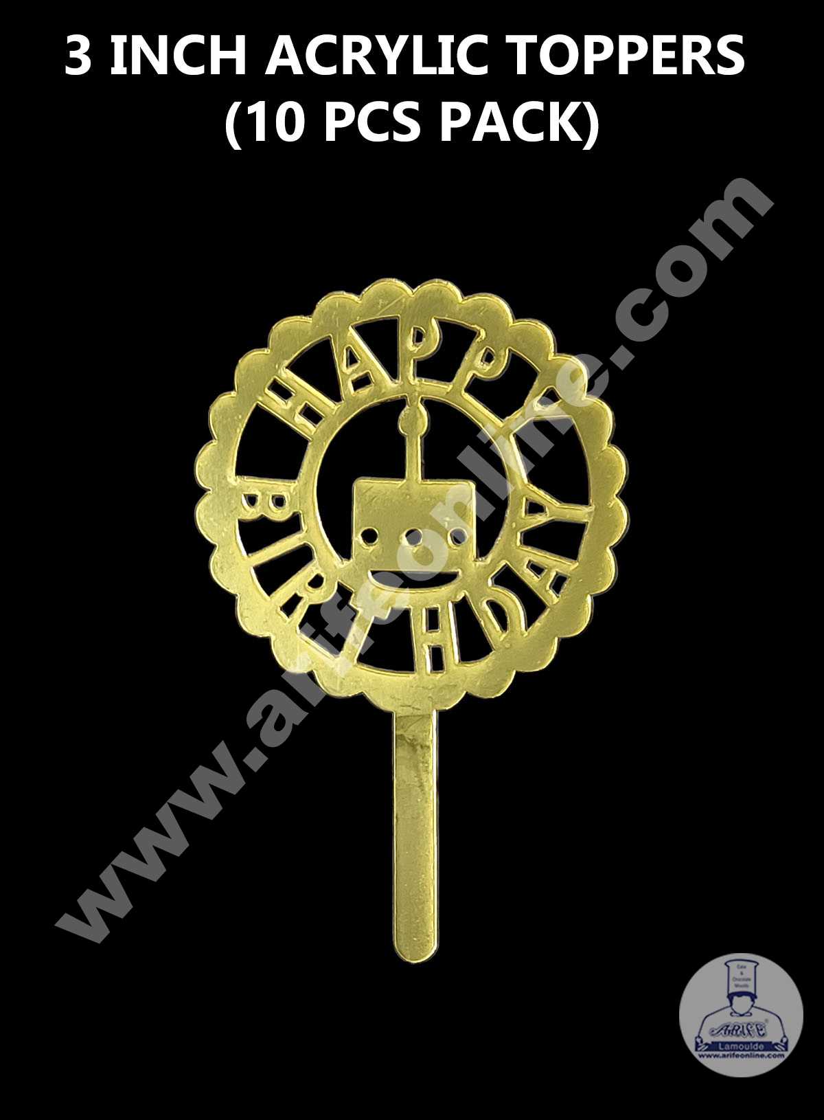 CAKE DECOR™ 3 Inch 10 pcs Golden Acrylic Cake Topper - Happy Birthday ( SBMT-3INCH-10 )