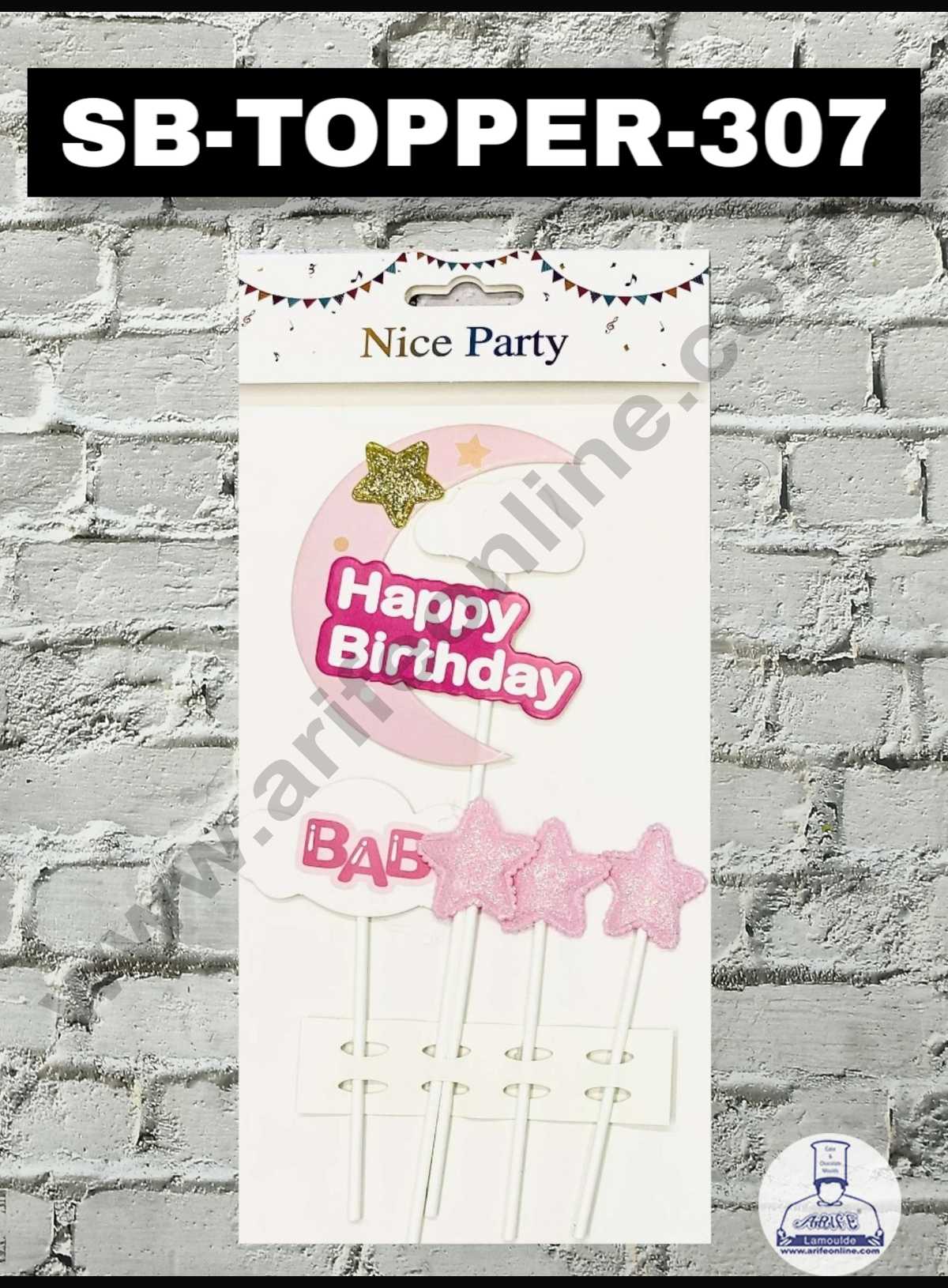 CAKE DECOR™ 5pcs Pink Happy Birthday Moon Star Stick Topper For Cake Decoration( SB-TOPPER-307-Pink )