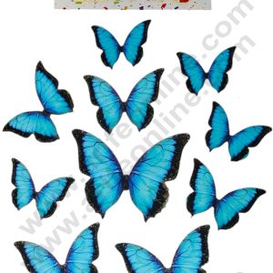 CAKE DECORβ’ 10 Pcs Let's Party Cyan Blue Shade With Black Tips Glitter Butterfly Paper Topper For Cake And Cupcake