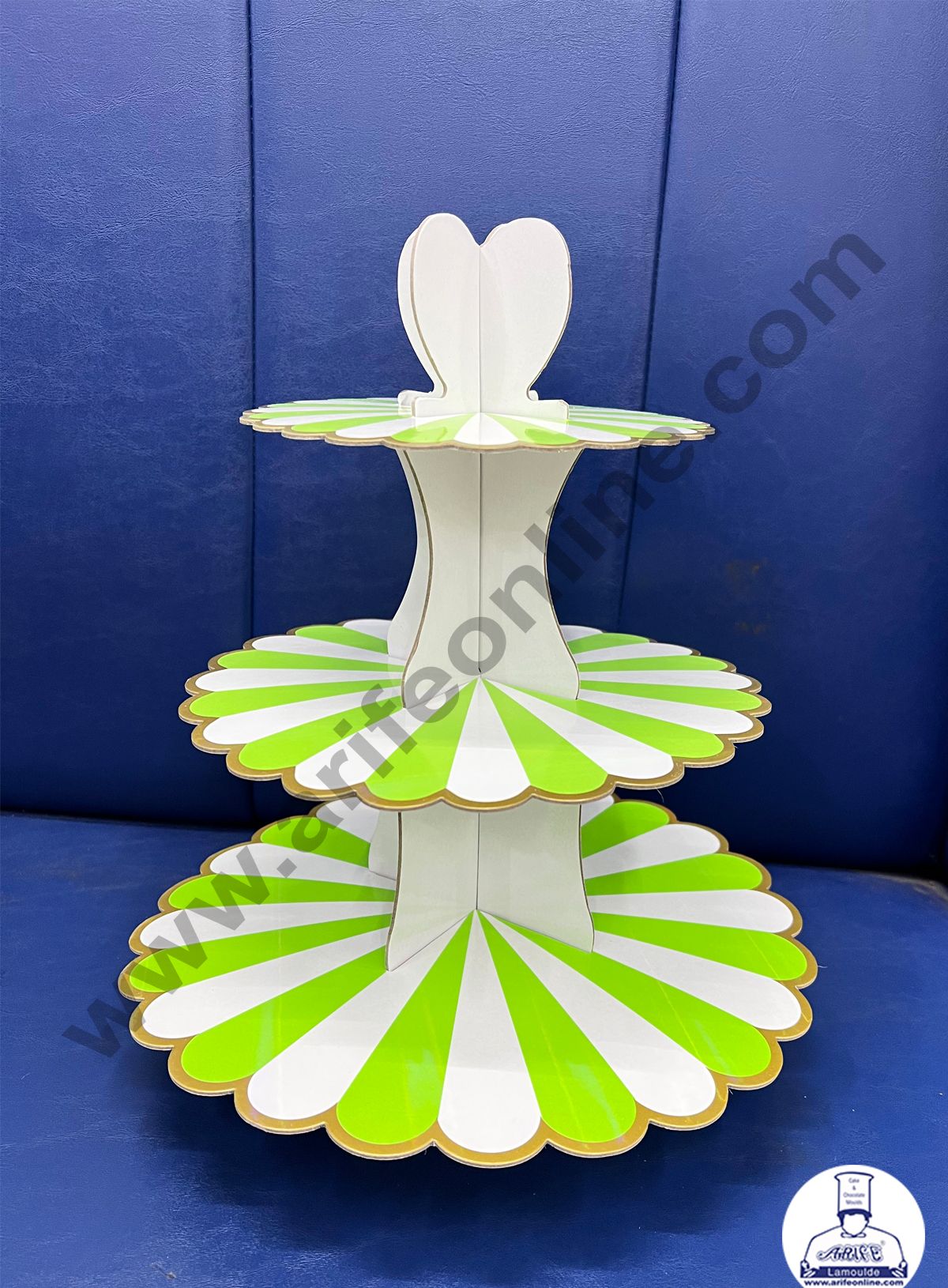 Cake Decor 3 Tier Cardboard Cupcake Stand - Green White Strips