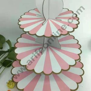 Cake Decor 3 Tier Cardboard Cupcake Stand - Peach White Strips