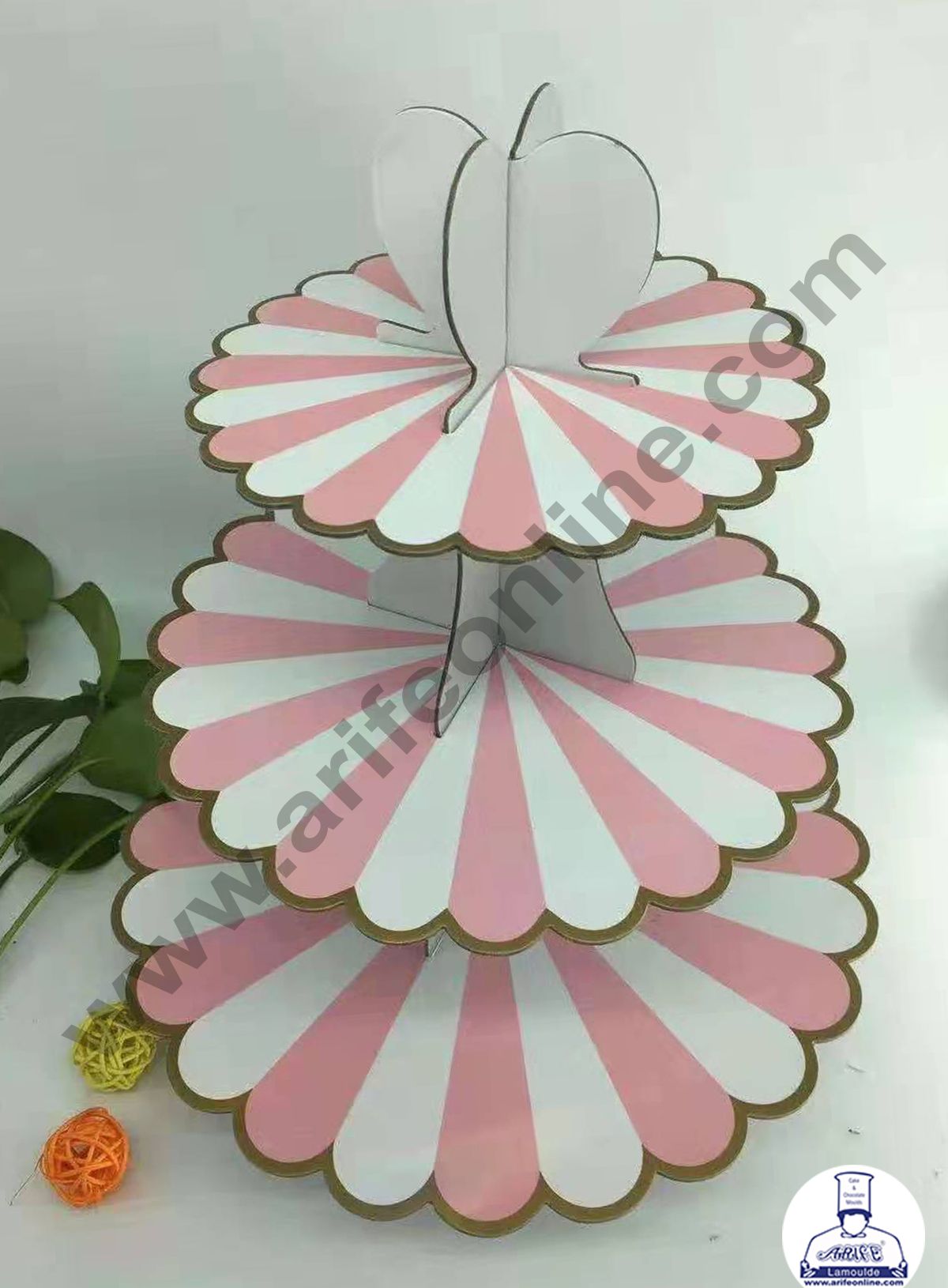Cake Decor 3 Tier Cardboard Cupcake Stand - Peach White Strips