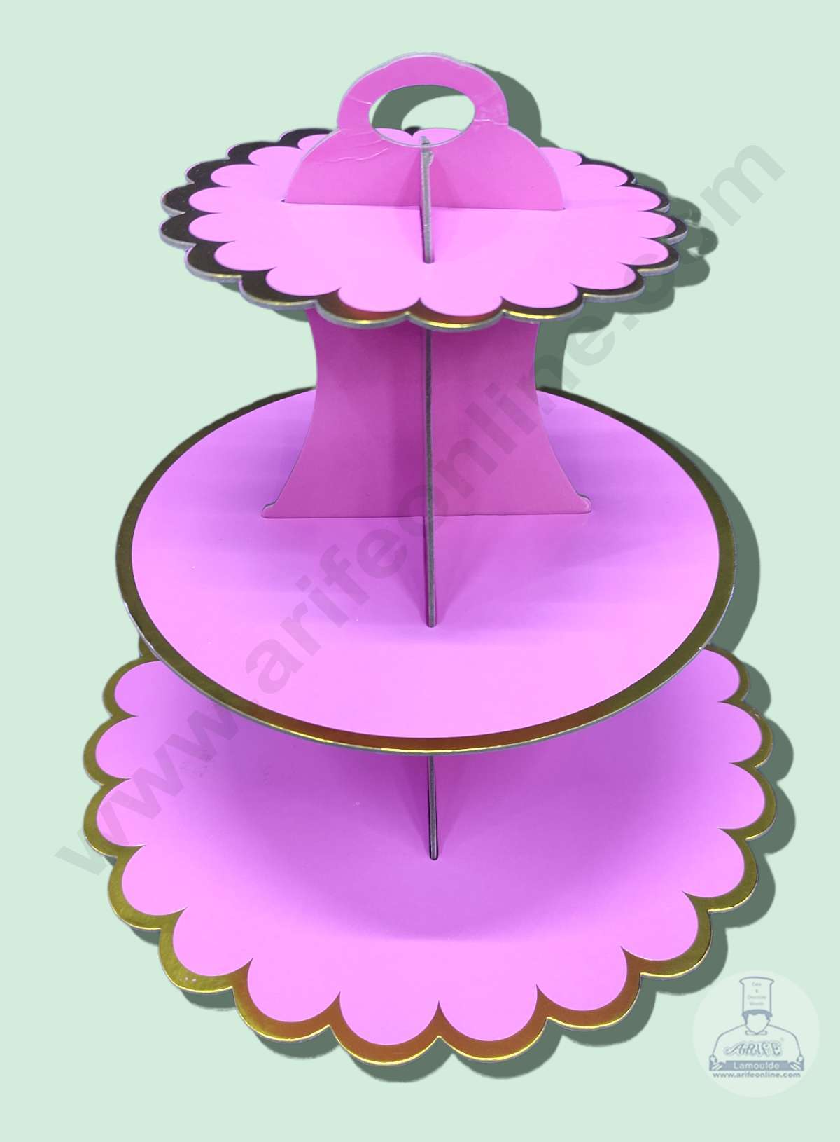 Cake Decor™ 3 Tier Cardboard Cupcake Stand - Pink with Golden Border Design ( SBCS-C-PGBD )