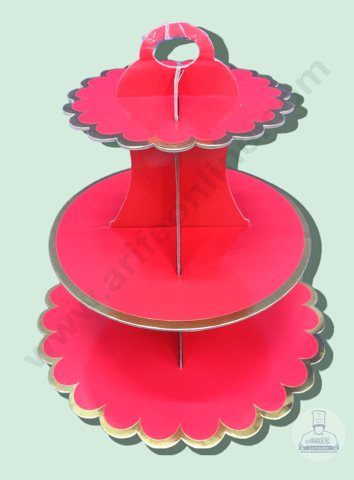 Cake Decor™ 3 Tier Cardboard Cupcake Stand - Red with Golden Border Design ( SBCS-C-RGBD )