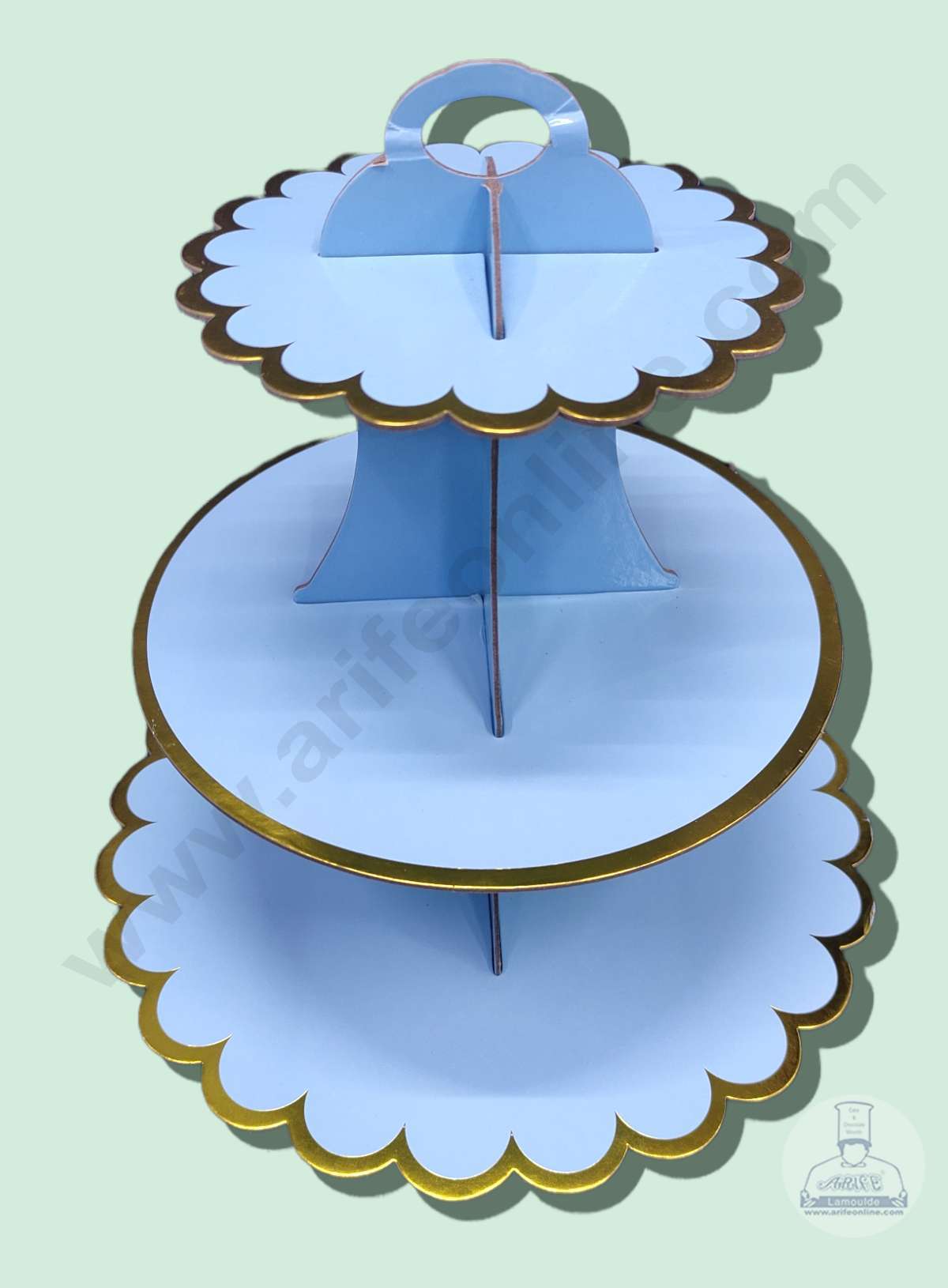 Cake Decor™ 3 Tier Cardboard Cupcake Stand - Sky Blue with Golden Border Design ( SBCS-C-SBGBD )