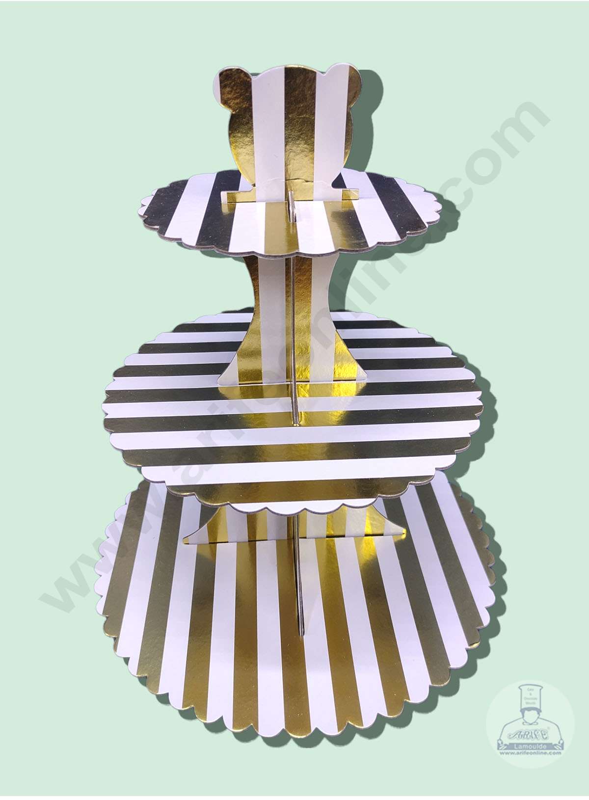 Cake Decor™ 3 Tier Cardboard Cupcake Stand - White Golden Stripe Design ( SBCS-C-WGSD )