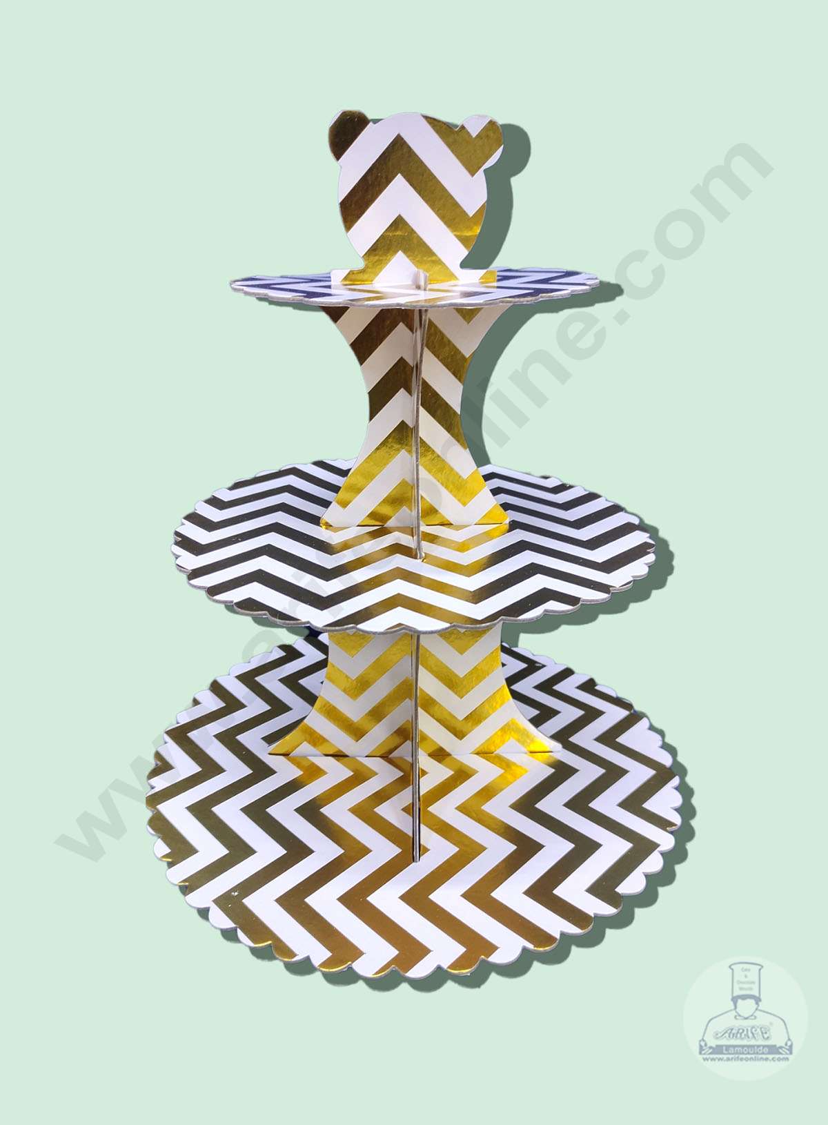 Cake Decor™ 3 Tier Cardboard Cupcake Stand - White Golden Zigzag Design ( SBCS-C-WGZD )