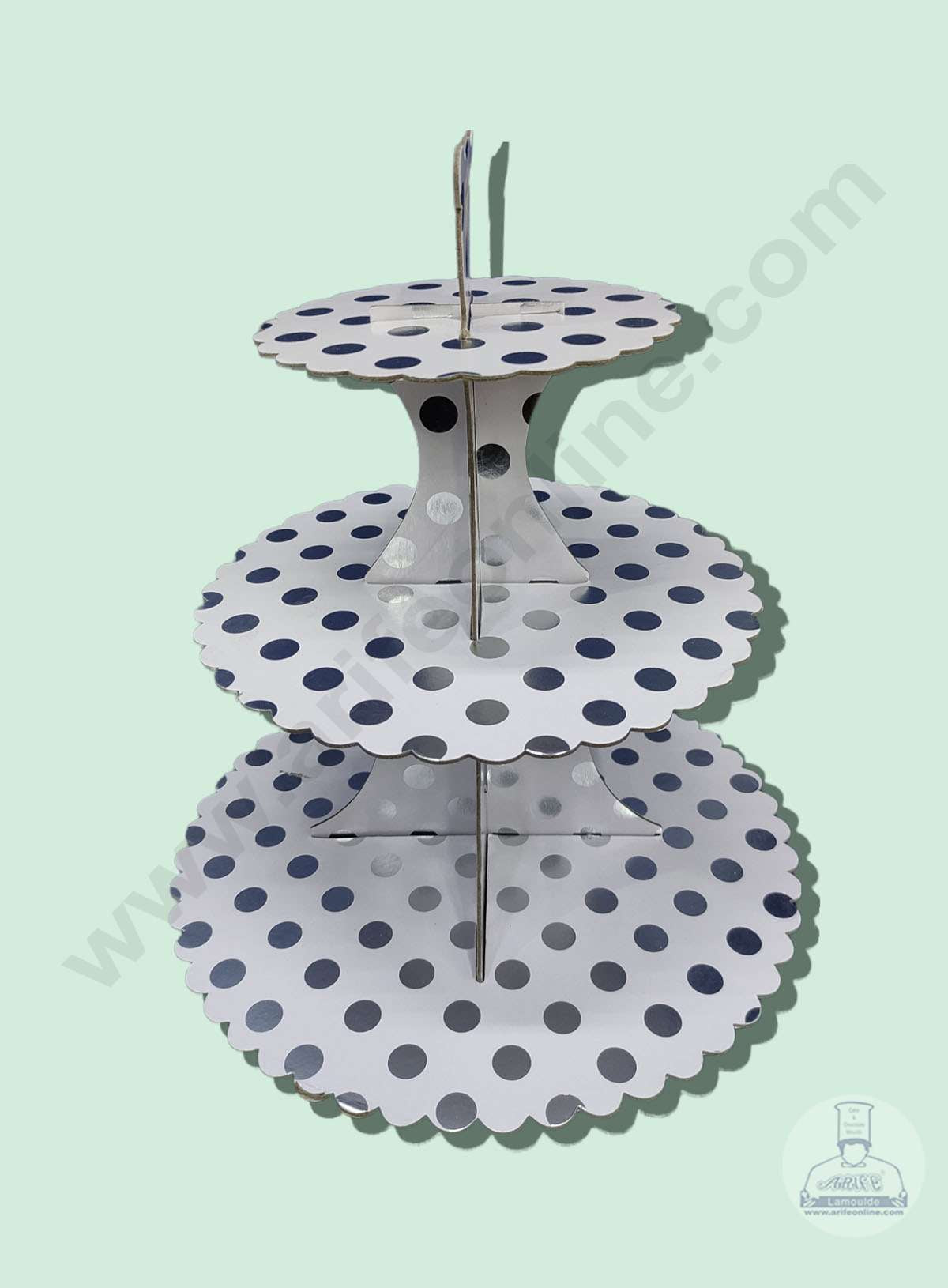 Cake Decor™ 3 Tier Cardboard Cupcake Stand - White Silver Polka Dot Design ( SBCS-C-WSP )