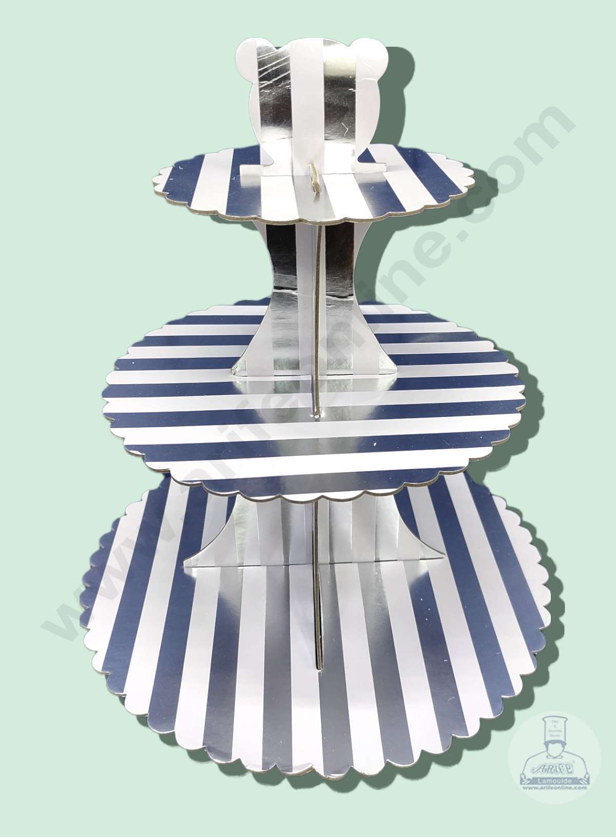Cake Decor™ 3 Tier Cardboard Cupcake Stand - White Silver Stripe Design ( SBCS-C-WSS )