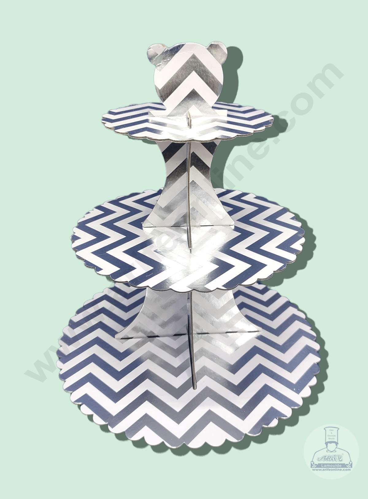 Cake Decor™ 3 Tier Cardboard Cupcake Stand - White Silver Zigzag Design ( SBCS-C-WSZZ )