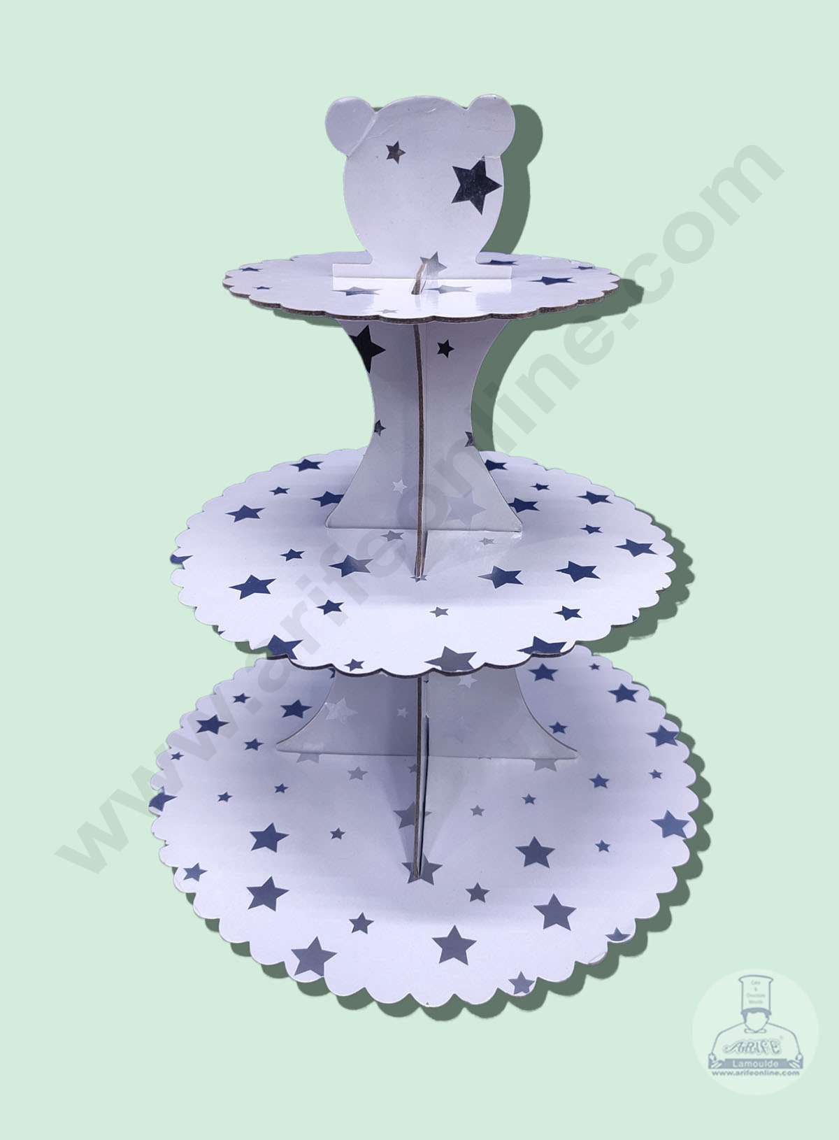 Cake Decor™ 3 Tier Cardboard Cupcake Stand - White Silver Star Design ( SBCS-C-WSSD )