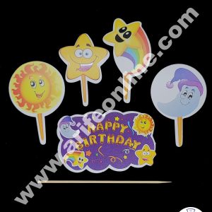 Cake Decor 5 pcs Happy Birthday Day And Night Theme Paper Topper For Cake And Cupcake