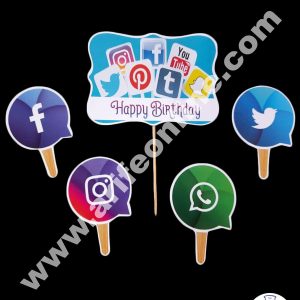 Cake Decor 5 pcs Happy Birthday Social Media Theme Paper Topper For Cake And Cupcake