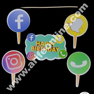 Cake Decor 5 pcs Happy Birthday Social Media Theme Paper Topper For Cake And Cupcake