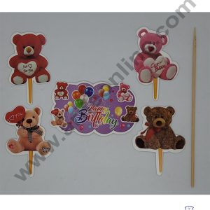 Cake Decor 5 pcs Happy Birthday Teddy Theme Paper Topper For Cake And Cupcake
