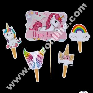 Cake Decor 5 pcs Happy Birthday Unicorn Theme Paper Topper For Cake And Cupcake