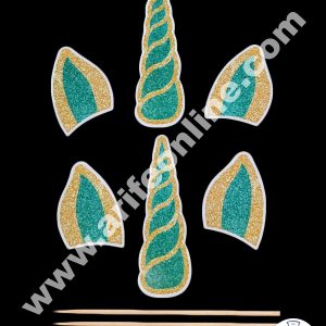Cake Decor 6 pcs Green Unicorn Ear And Horn Paper Topper For Cake And Cupcake