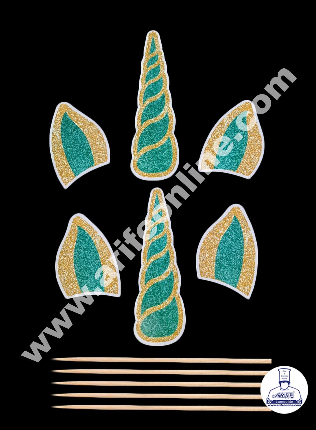 Cake Decor 6 pcs Green Unicorn Ear And Horn Paper Topper For Cake And Cupcake