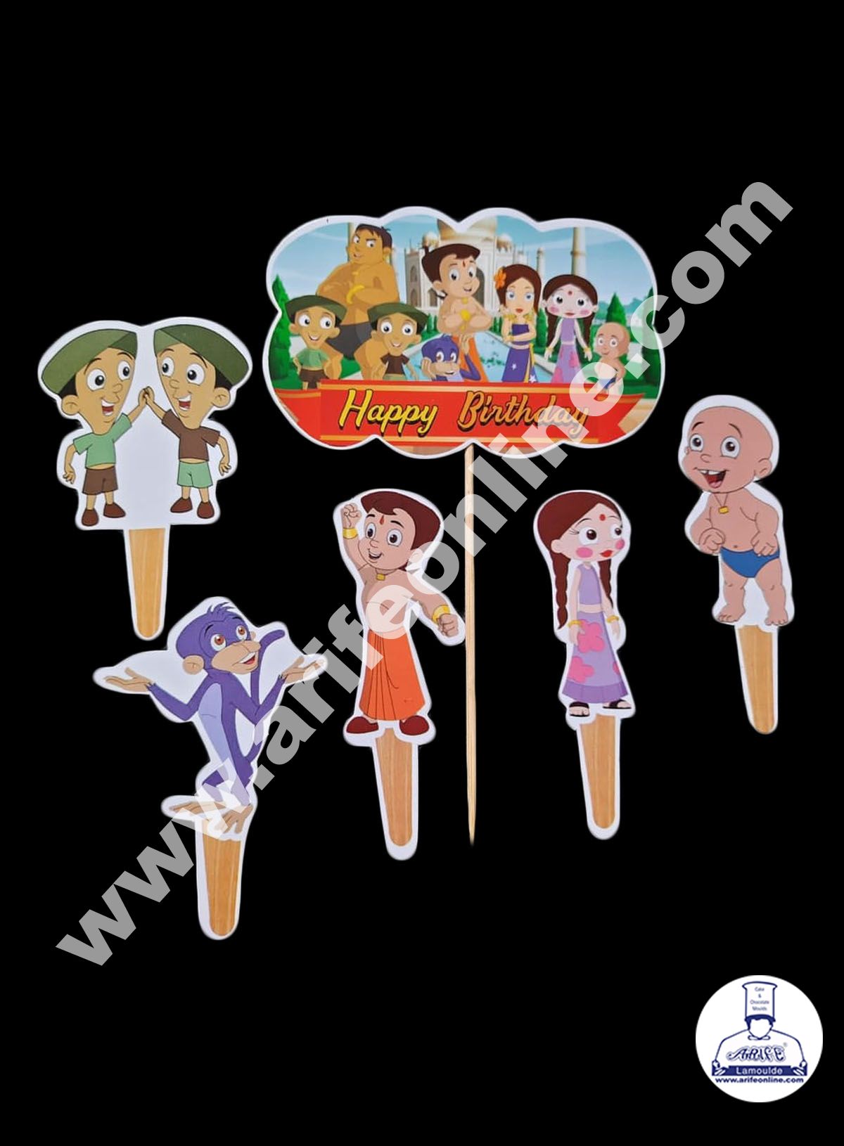Cake Decor 6 pcs Happy Birthday Chota Bheem Theme Paper Topper For Cake And Cupcake