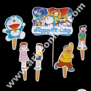 Cake Decor 6 pcs Happy Birthday Doraemon Theme Paper Topper For Cake And Cupcake