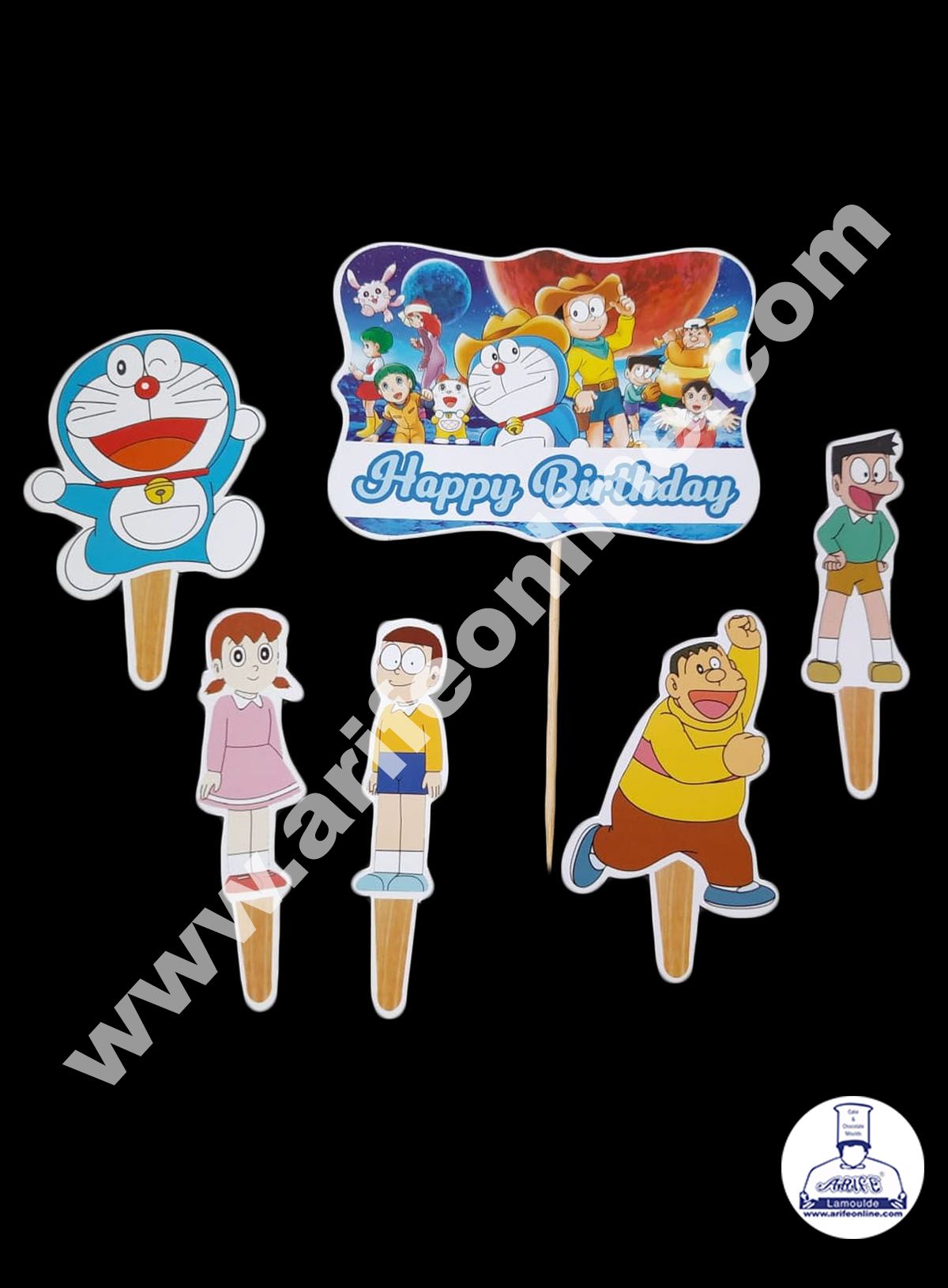 Cake Decor 6 pcs Happy Birthday Doraemon Theme Paper Topper For Cake And Cupcake