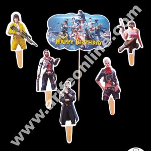 Cake Decor 6 pcs Happy Birthday Freefire Theme Paper Topper For Cake And Cupcake