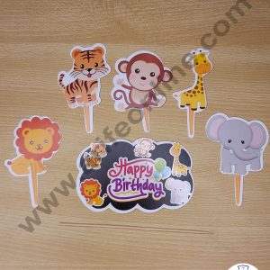 Cake Decor 6 pcs Happy Birthday Jungle Animal Theme Paper Topper For Cake And Cupcake