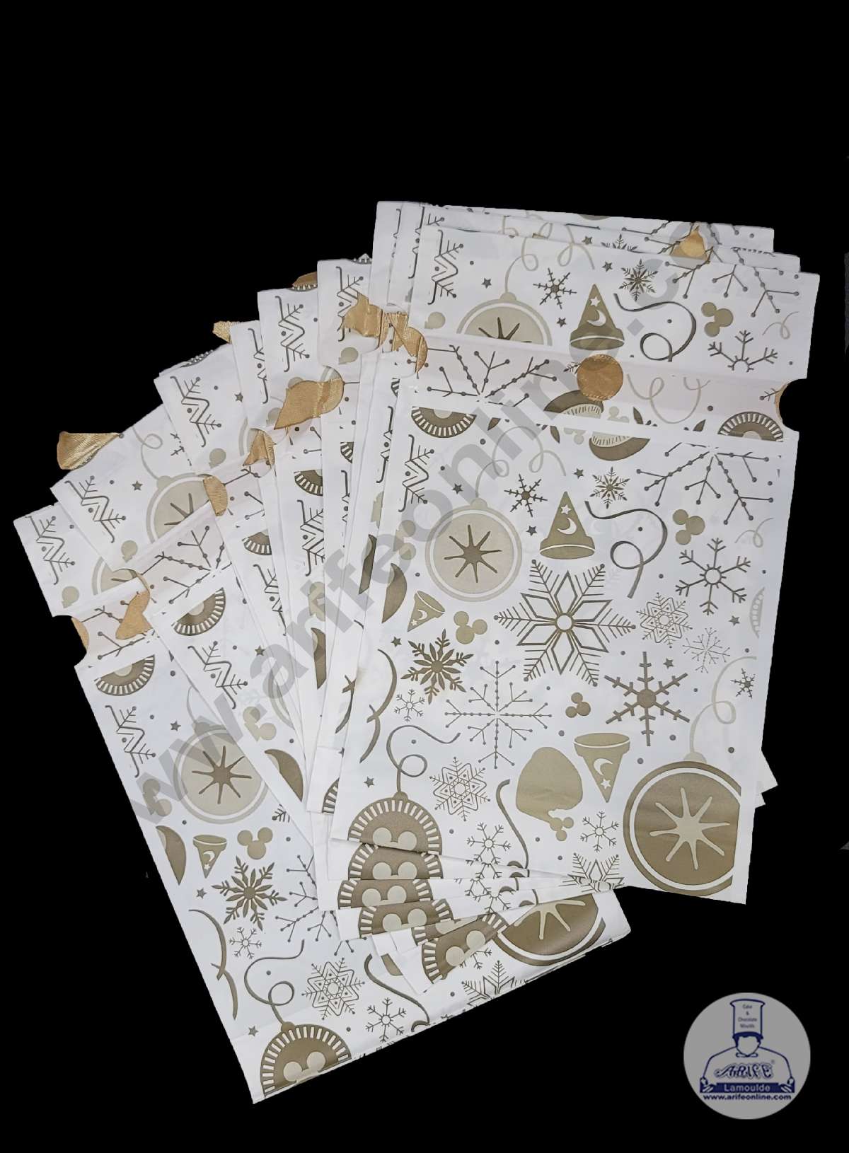 Cake Decor Big Dark Gold & White Christmas Snowflakes Plastic Drawstring Bag Treat With Ribbon (10 pc)